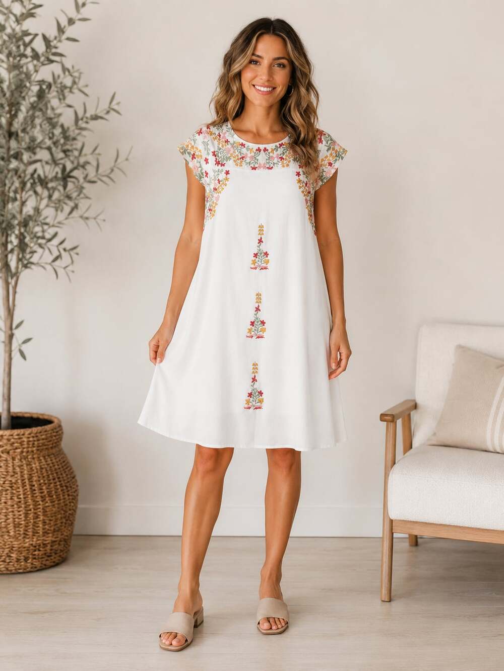 Orange Creek Embroidered Floral Tunic Dress White Rayon L Boho Shift Dress